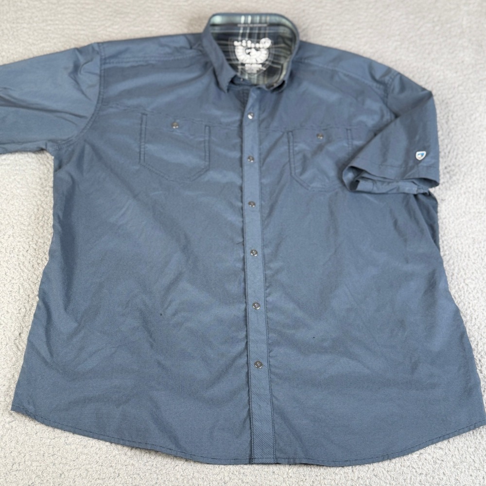 KUHL Button Up Shirt Mens XL Blue Stealth Short Sleeve Plaid Trim Micro Check